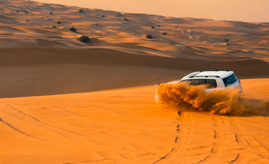 Jipe a atravessar as dunas do deserto de Dubai, levantando areia laranja enquanto percorre o terreno ondulado.