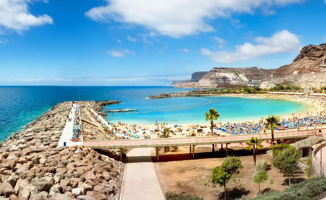 Vista panorâmica da Praia de Amadores, em Gran Canaria, com mar turquesa, areia dourada, espreguiçadeiras e falésias ao fundo num dia ensolarado.